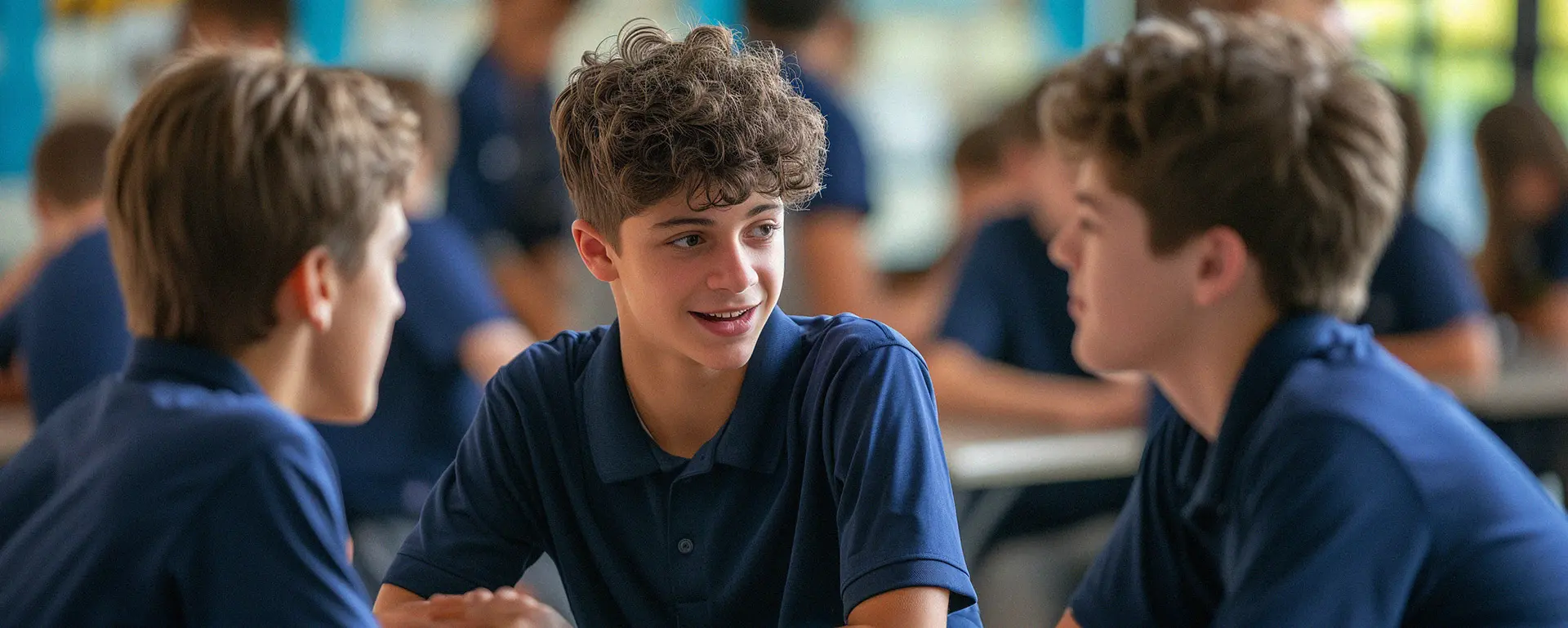 Boys having a conversation in cafeteria